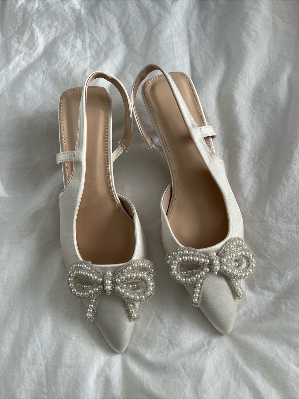 Ivory Satin Pearl Bow Bridal Wedding Slingback Shoes Size 8